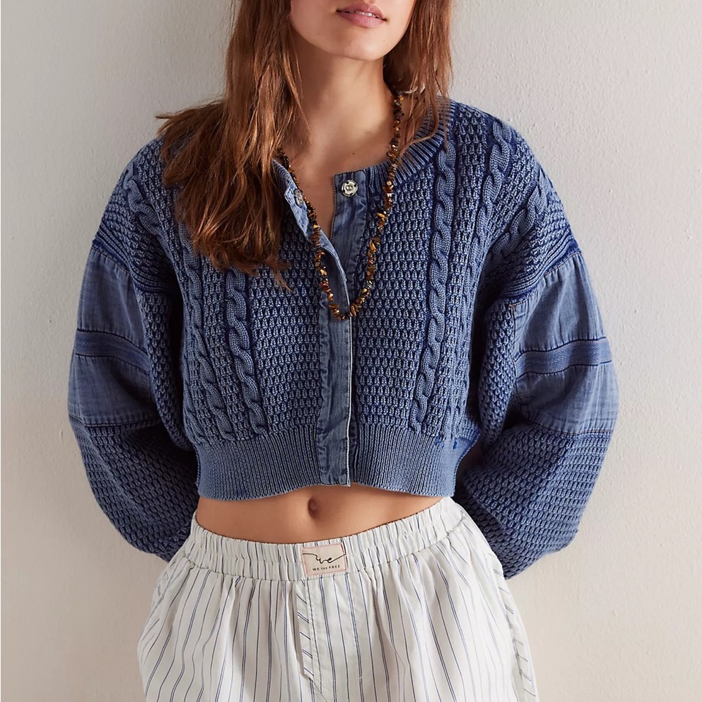 We The Free Blue Cable Knit Cardigan